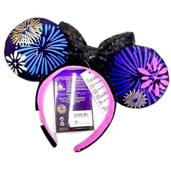 Disney Fireworks Ears Minnie Mouse Main Attraction Black Bow Rhinestone Castle
